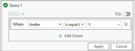 Query defined to return features with shelters.