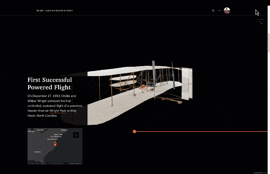 A screen recording of a image choreography sequence exploring a timeline of aviation milestones. Initially, the Wright Flyer on a black background. As the story scrolls, the photos pan horizontally to reveal the aircraft or object associated with the next milestone along a red timeline.