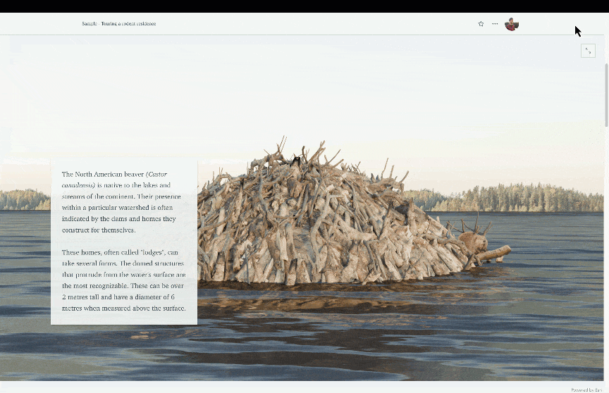 A screen recording of a image choreography sequence exploring a beaver lodge. Initially a 3D rendering of a beaver lodge exterior fills the screen. As the story scrolls, the exterior of the lodge is cut away to reveal the internal structure featuring a beaver sitting inside and the portion of the lodge below water revealing the underwater entrances.