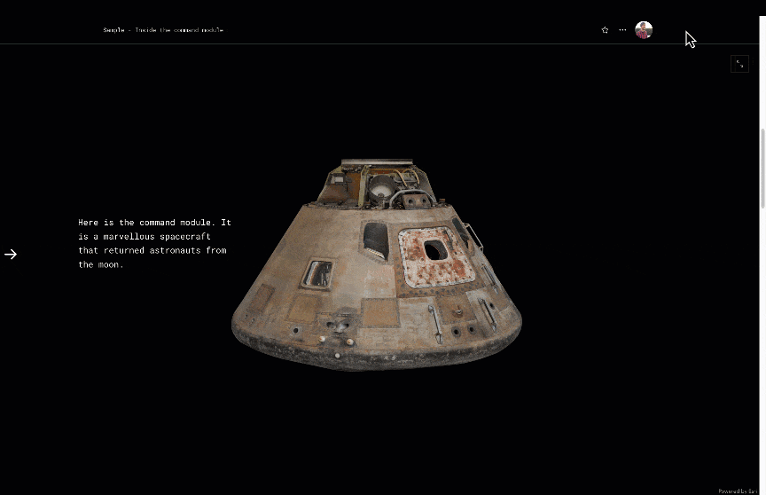 A screen recording of a image choreography sequence exploring the Apollo 11 Command Module. The conical capsule of weathered metal appears on a black background. As the story scrolls, the hatch opens to reveal the cramped quarters inside and the complex levers and mechanisms of the hatch. As the story continues the image choreography zooms in for a close-up on the capsule and the exterior is removed using an imaginary window cut into the spacecraft. The window provides a cutaway view into the craft and reveals the seats, control panels, and joysticks.