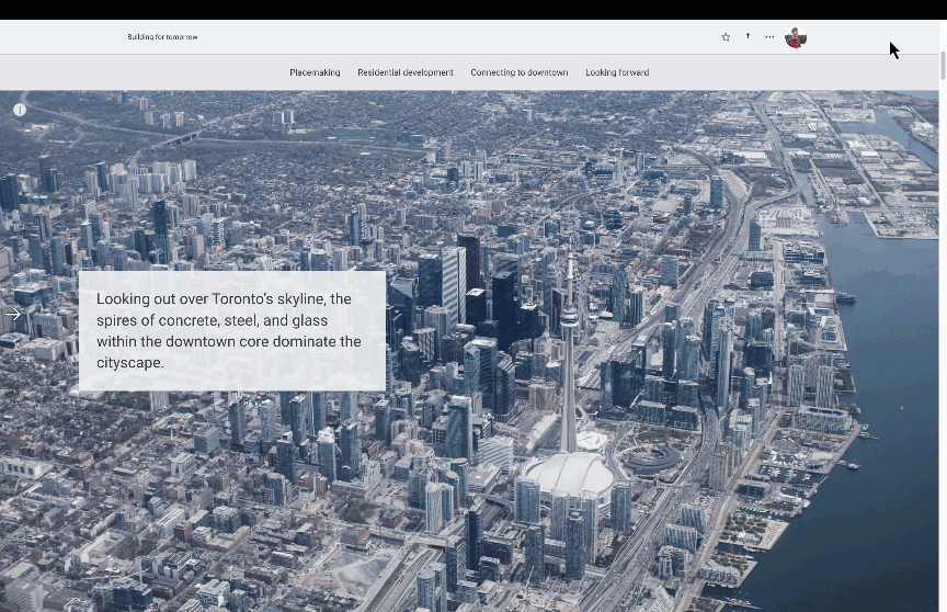 A screen recording of a story about development along the waterfront in Toronto. An aerial view of downtown Toronto featuring the iconic CN Tower surrounded by modern skyscrapers is in the background. As the story scrolls, the image darkens and intense highlights are added to denote the location of active construction projects and the West Don Lands as an area of interest.