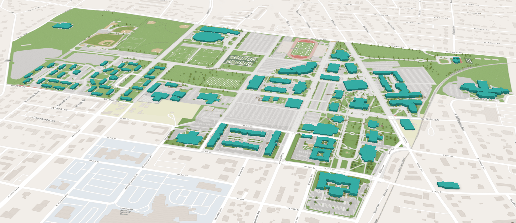 3D scene of Tennessee Technological University campus with 3D object feature layers