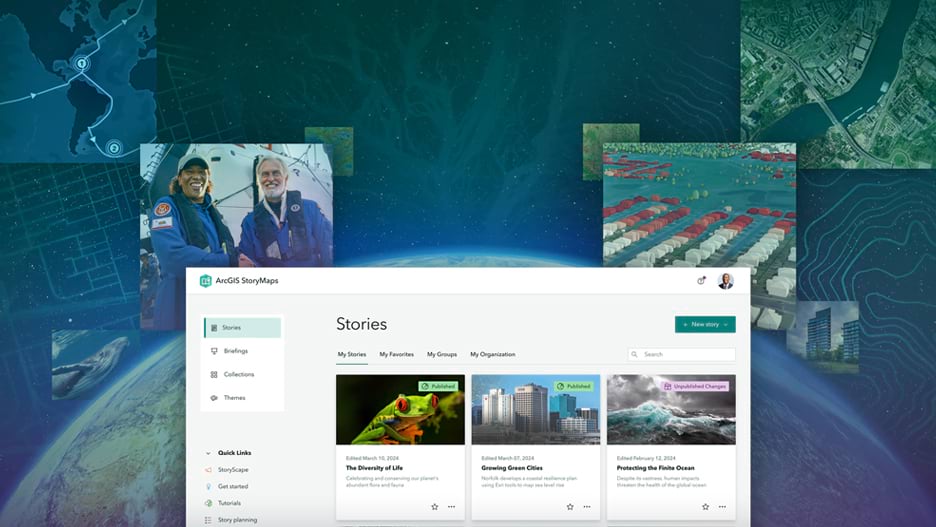 A screen shot of the ArcGIS StoryMaps product interface displayed against a background of a collage of ArcGIS StoryMaps images StoryMaps