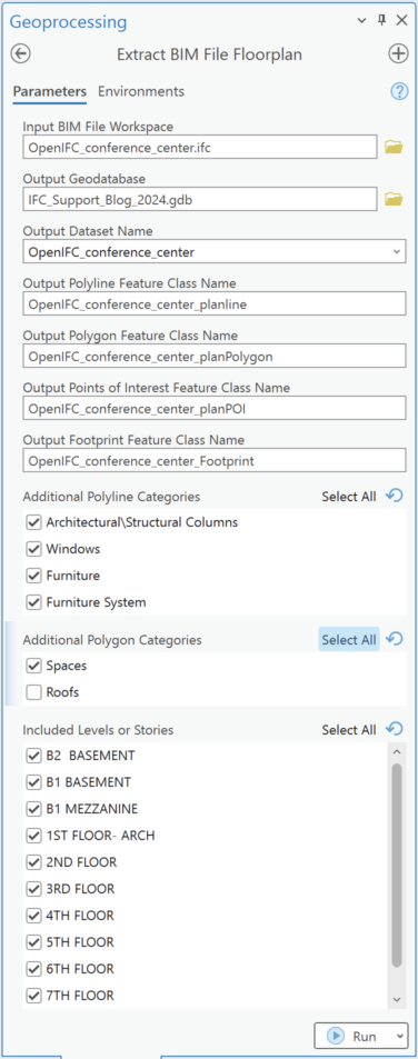 The geoprocessing pane in ArcGIS Pro showing the Extract BIM File Floorplan tool with populated parameters