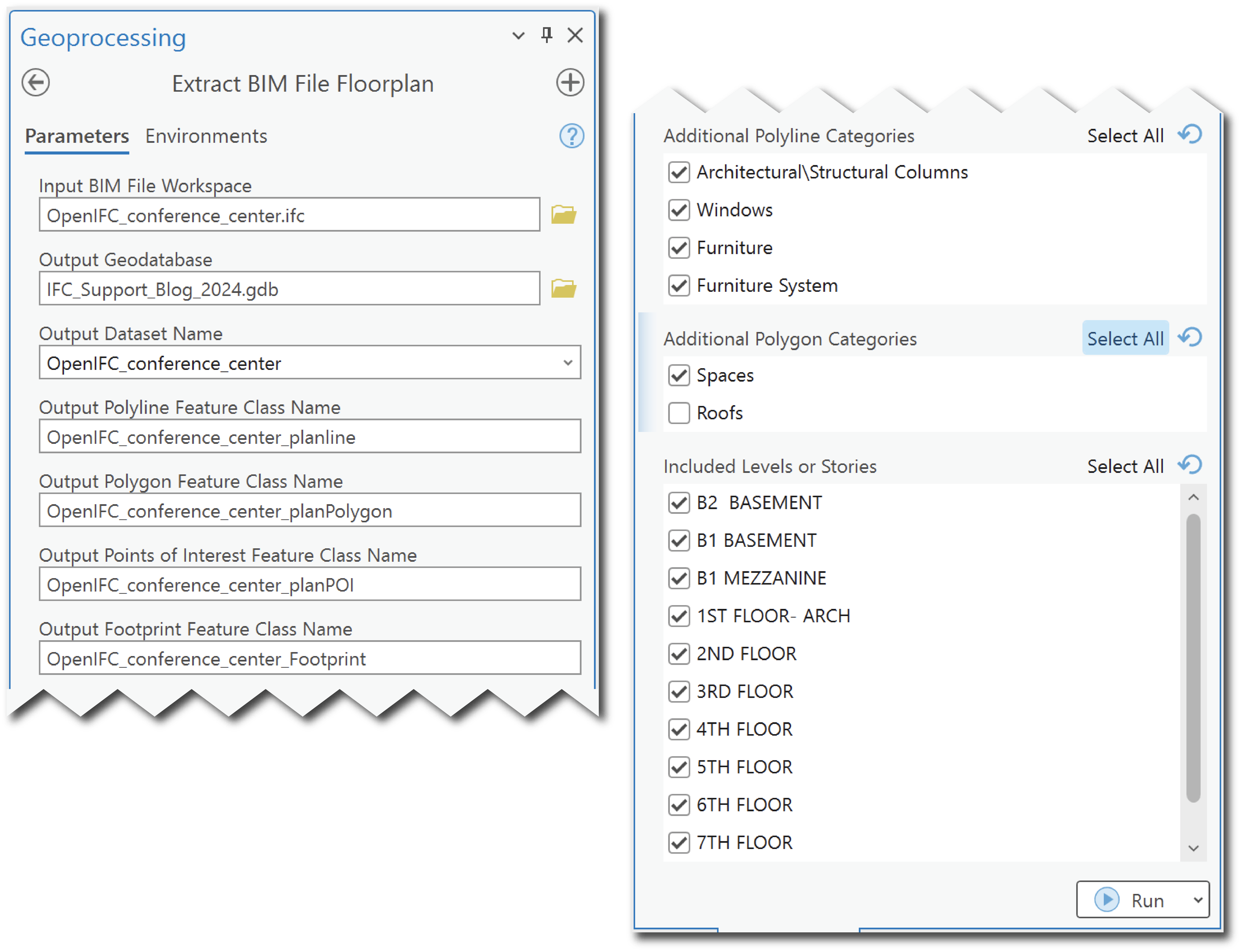 The geoprocessing pane in ArcGIS Pro showing the Extract BIM File Floorplan tool with populated parameters