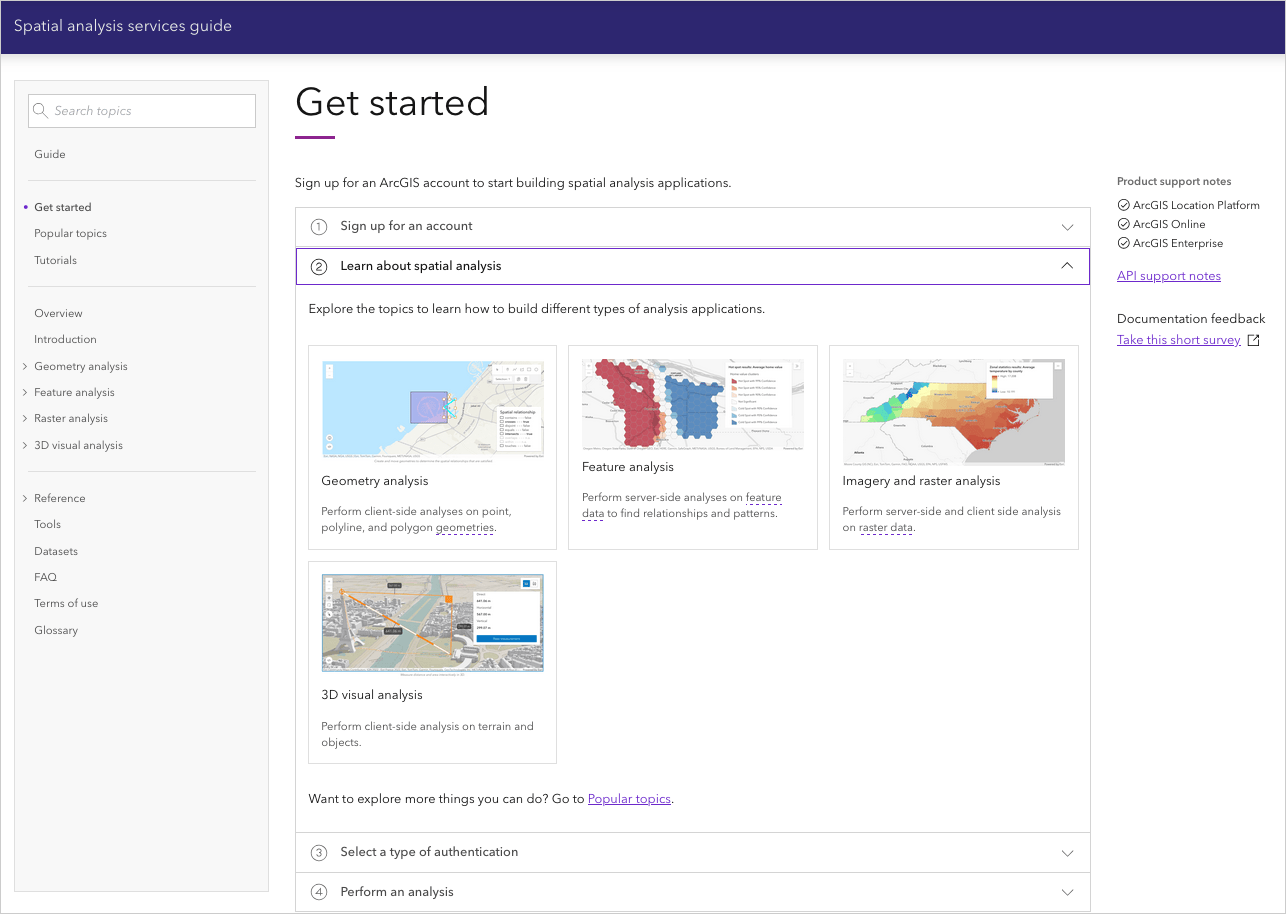 Spatial analysis services guide getting started page