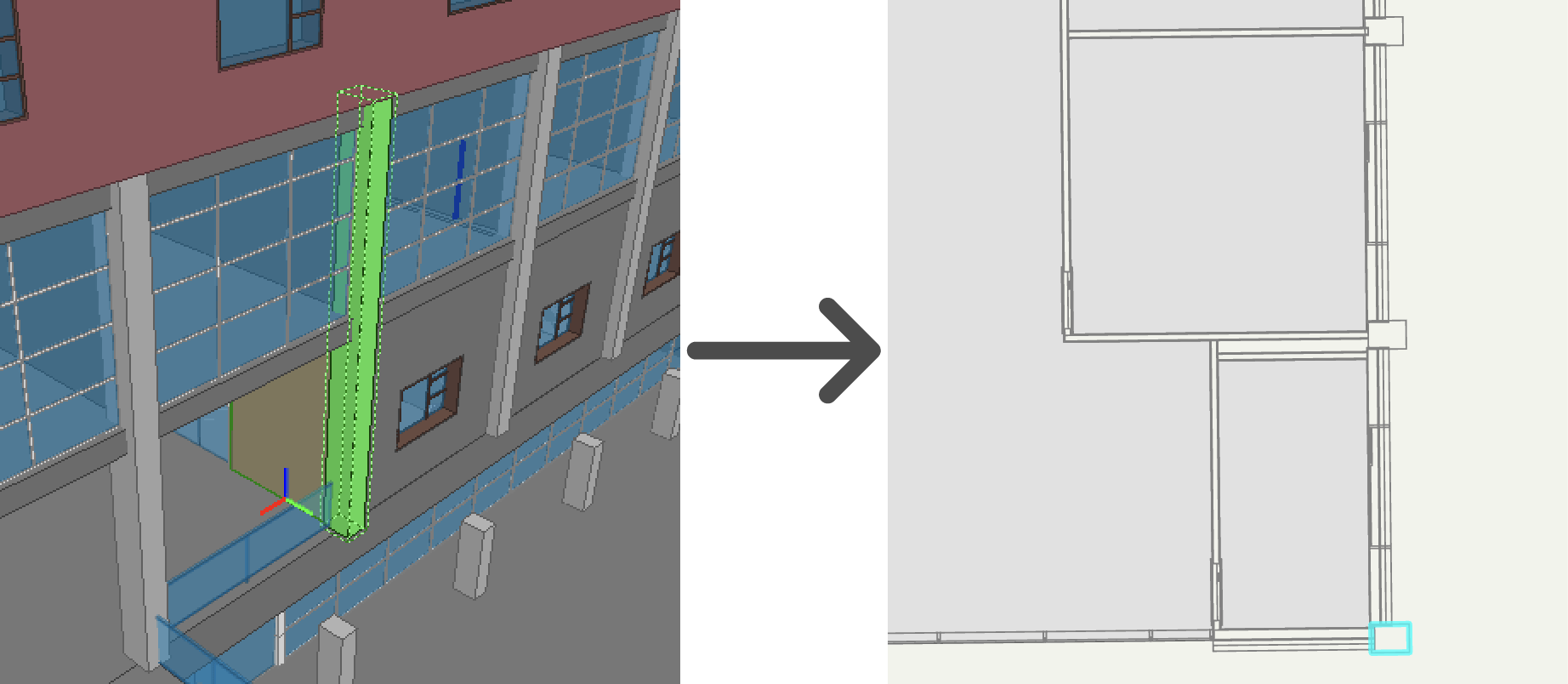 3D column in IFC compared to resulting comulm lines in the GIS