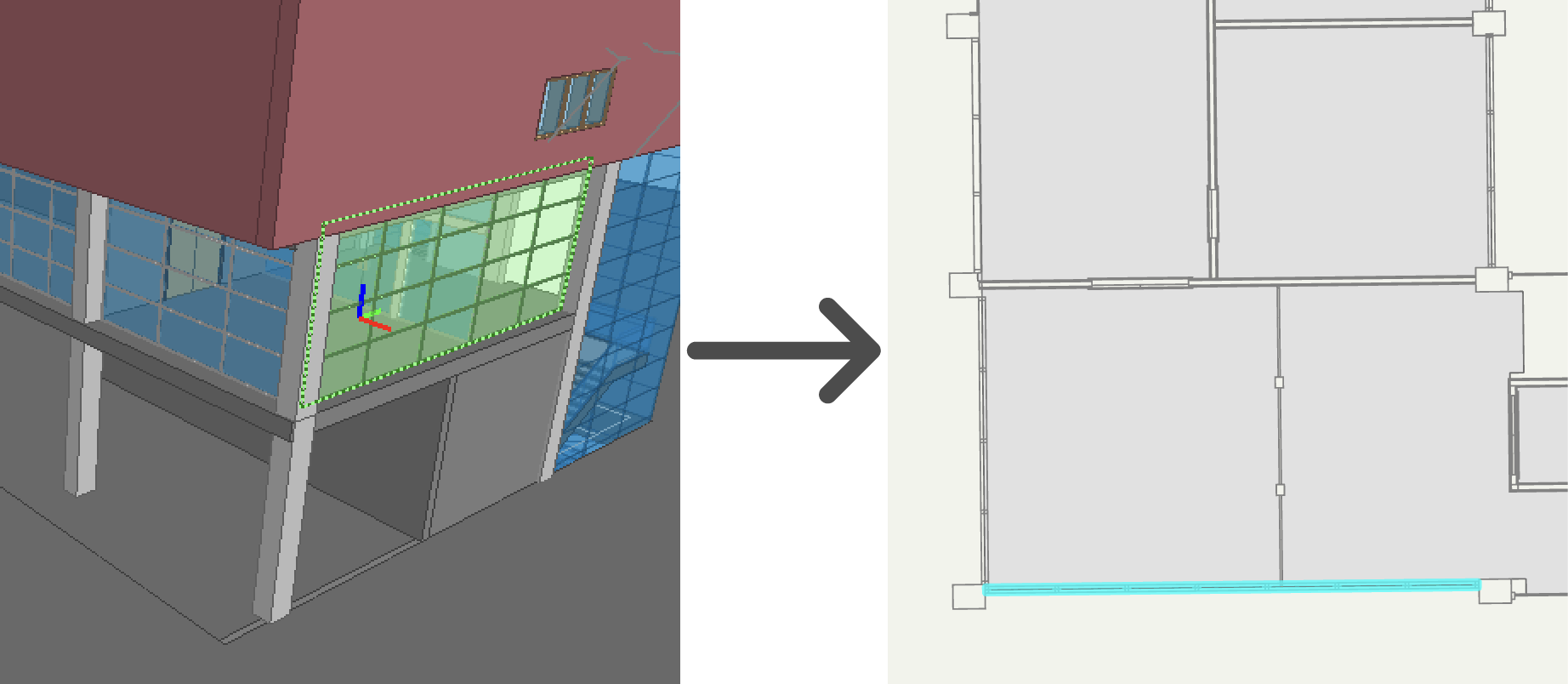 3D curtain wall in IFC compared to resulting curtain wall lines in the GIS