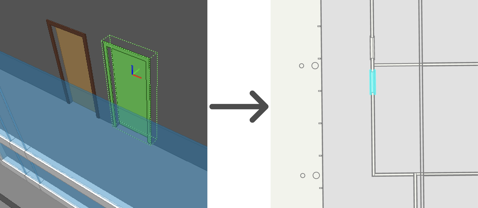 3D door in IFC compared to resulting door lines in the GIS