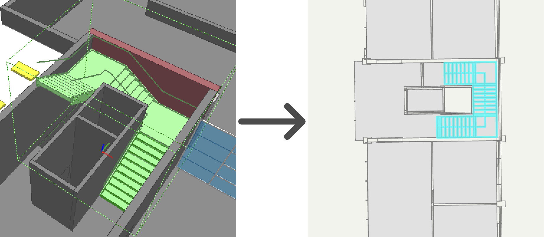 3D stairs in IFC compared to resulting stairs lines in the GIS