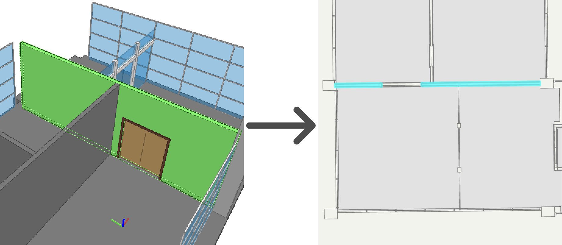 3D wall in IFC compared to resulting wall lines in the GIS