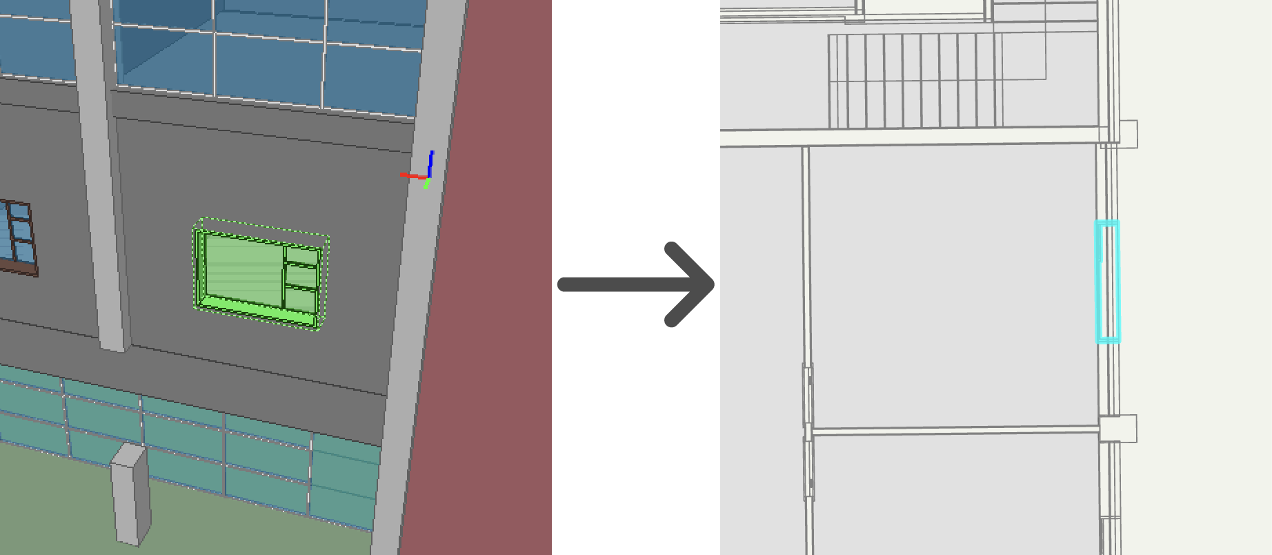 3D window in IFC compared to resulting window lines in the GIS