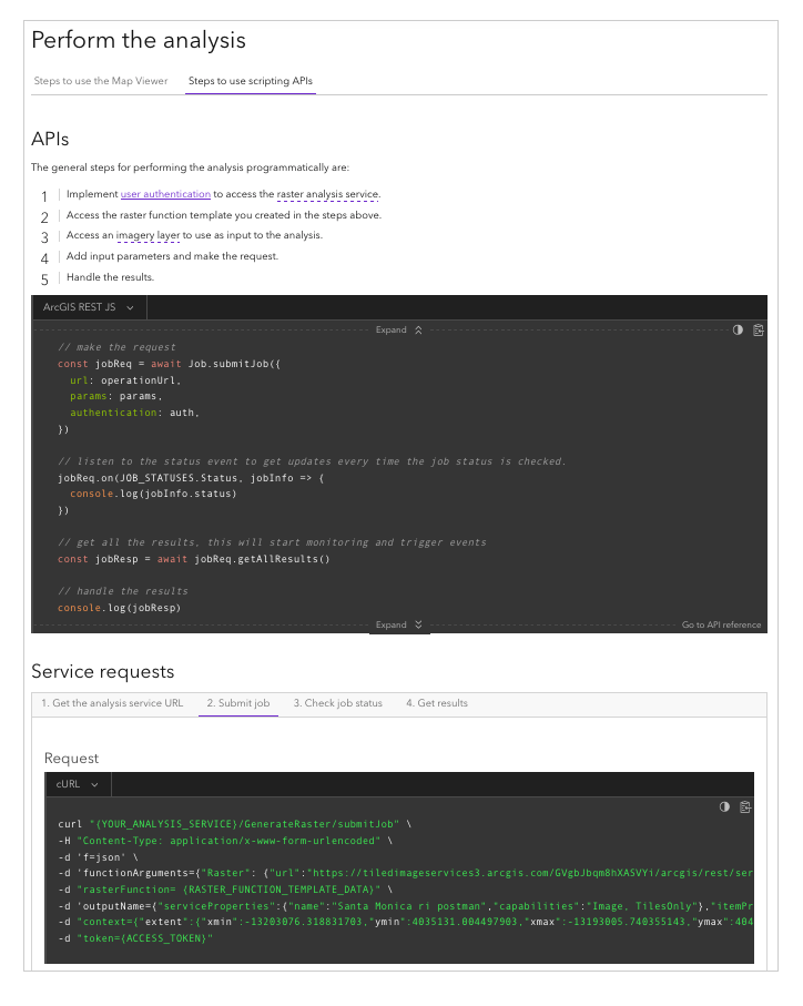 ArcGIS REST JS Code example of performing an analysis using ArcGIS REST JS