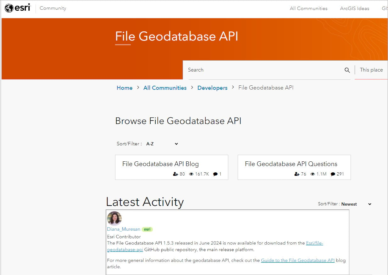 Esri Community File Geodatabase API page