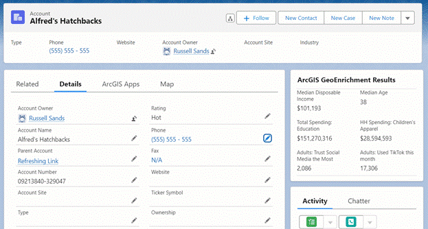 a salesforce lightning web component displays data from the geo enrichment service on a salesforce account page