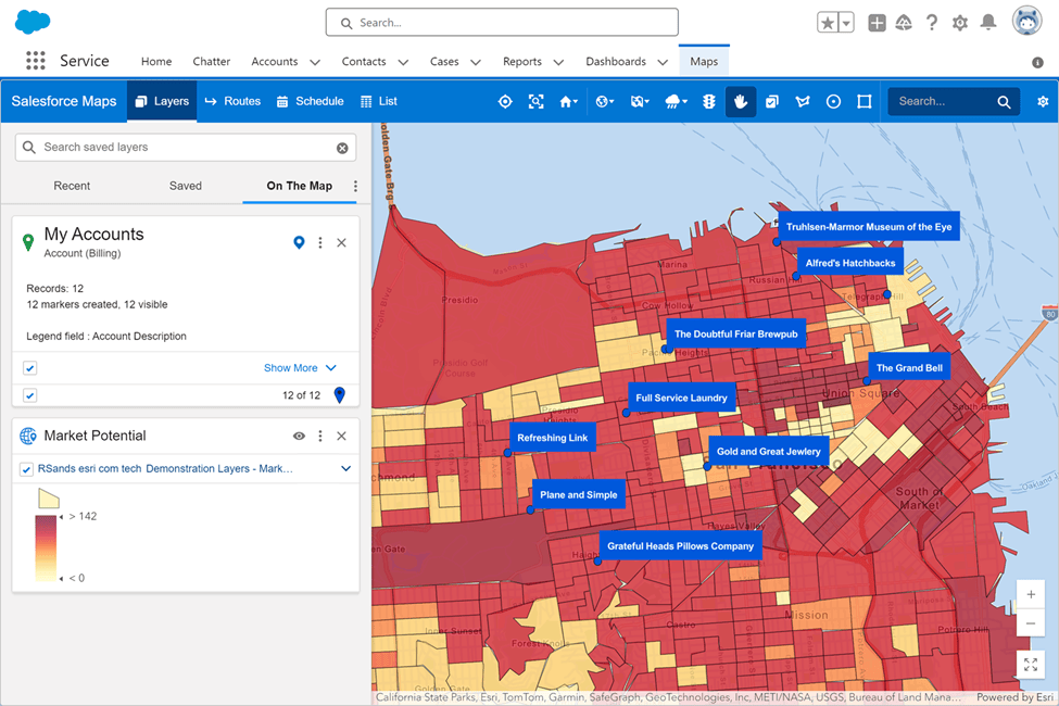 a screenshot of salesforce maps. the map shows account records and ArcGIS data layers