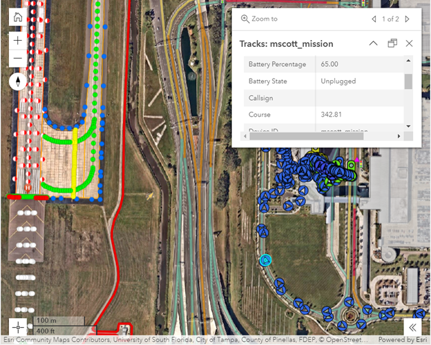 aerial image of an airport with visualized tracks of a field worker