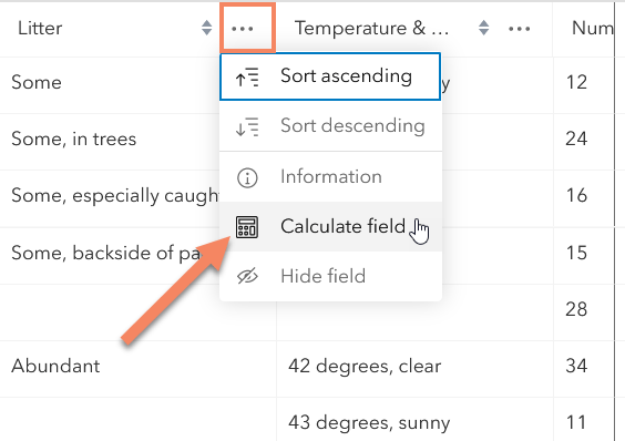 Shows how to select "Calculate field" option in the overflow menu without leaving Map Viewer to reveal a field attribute table.