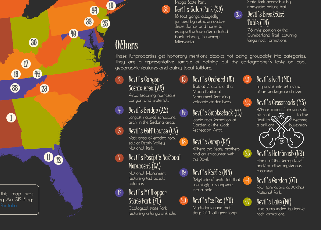 Section of map showing the color of legend markers matching those of the corresponding state