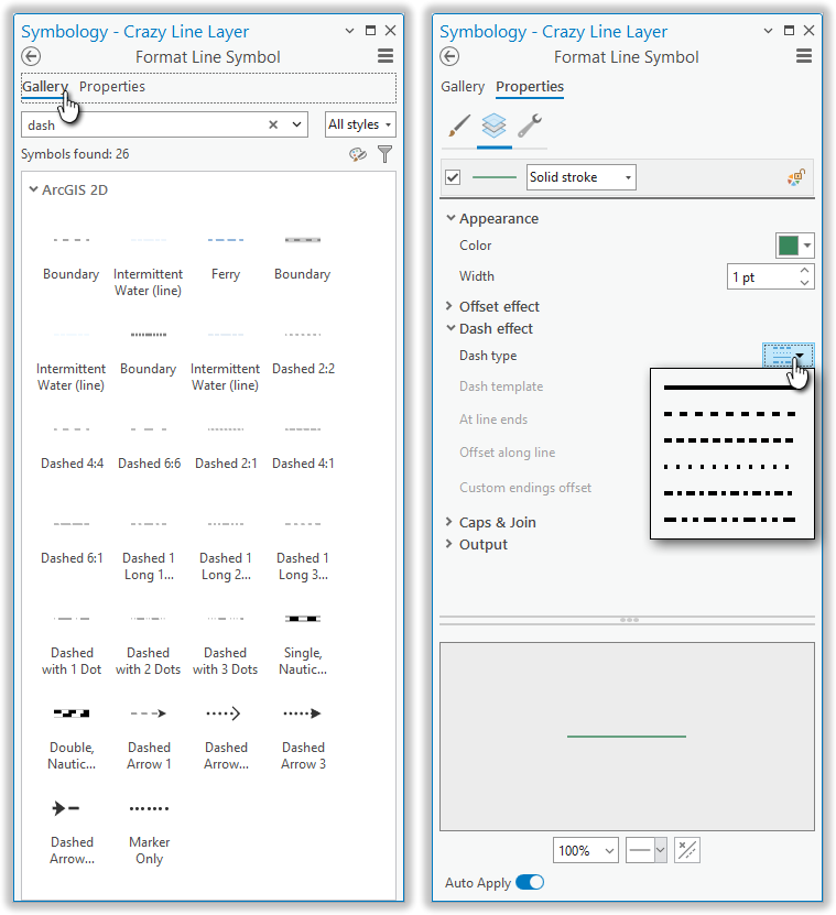 Some of the default dashed line options in ArcGIS Pro.