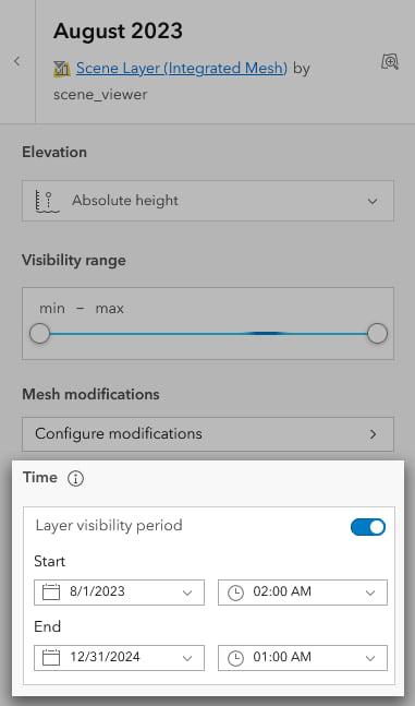 A settings panel for a scene layer, showing options for elevation, visibility range, mesh modifications, and a toggle to set the layer's time range.