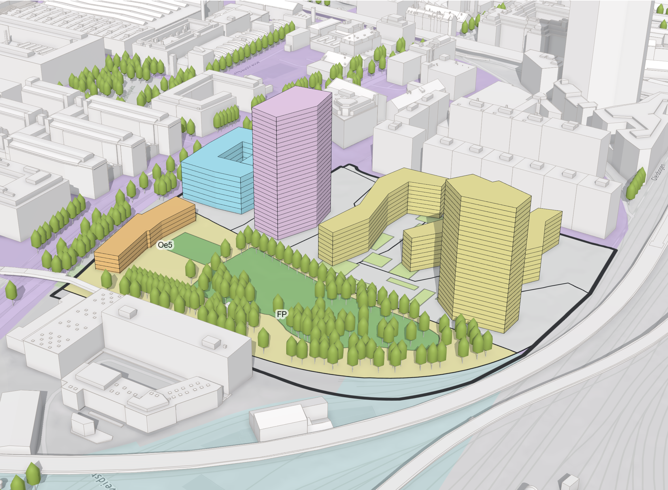 An aerial view of a proposed urban development, showing new residential buildings, green spaces, and their integration into the existing city infrastructure.