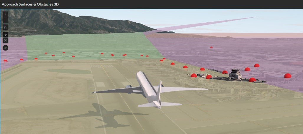 3D visualization of a plane taking off with approach surfaces and obstacles