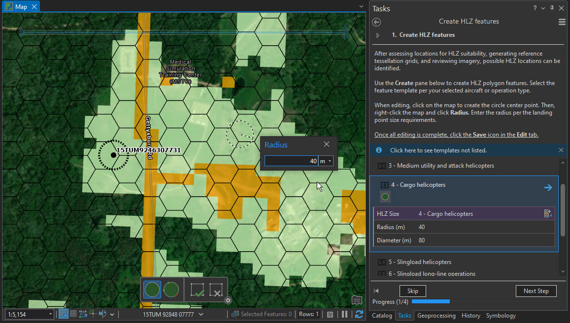 A map with green honeycomb polygons overlaid in yellow and the ArcGIS Pro Tasks pane open on the right.