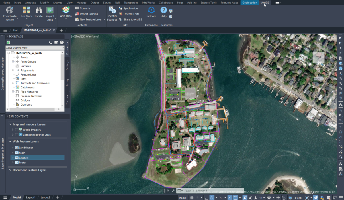 An aerial view of a coastal property with building footprints and utility linework highlighted using Autodesk AutoCAD and the ArcGIS for AutoCAD plug-in.