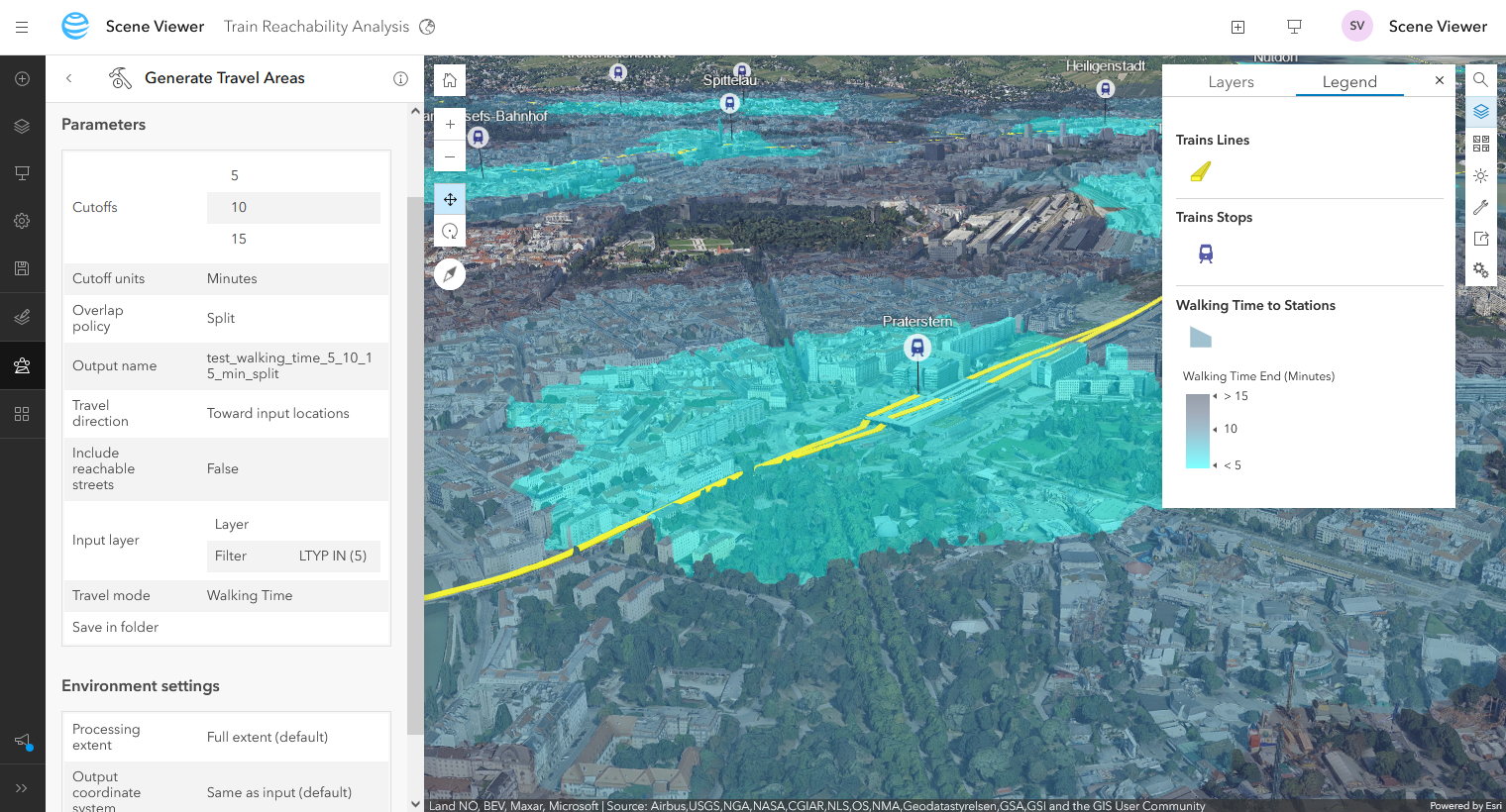 Generate a walk time analysis from the Vienna train stations in Scene Viewer