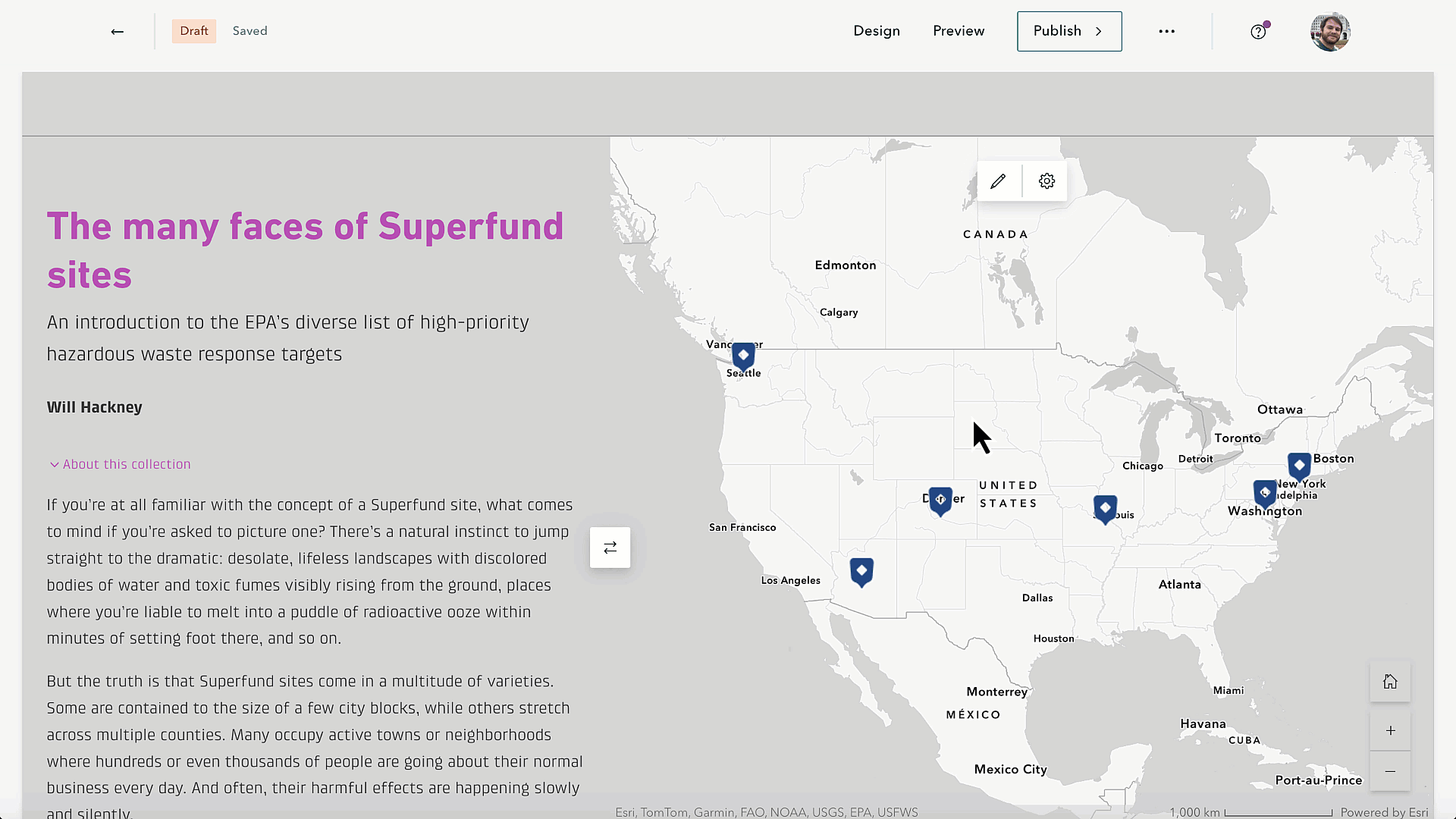 An animated screen recording showing how to change the basemap for a map-based collection in ArcGIS StoryMaps.