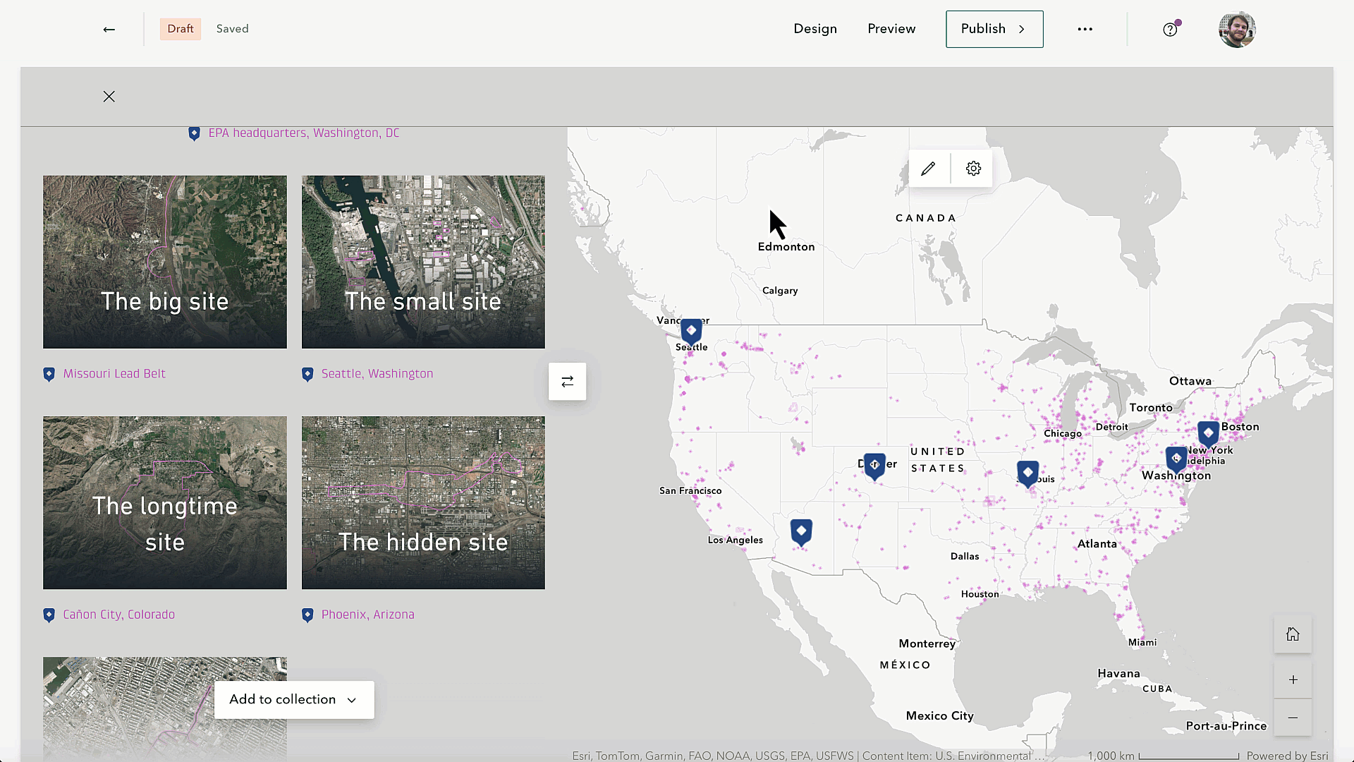 An animated screen recording showing how to hide an item's cover in an ArcGIS StoryMaps collection, and how that item will look when viewed within the collection.