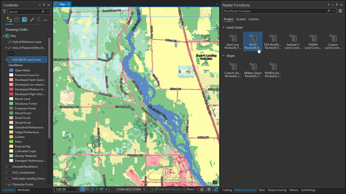 Map with land cover data and raster function pane