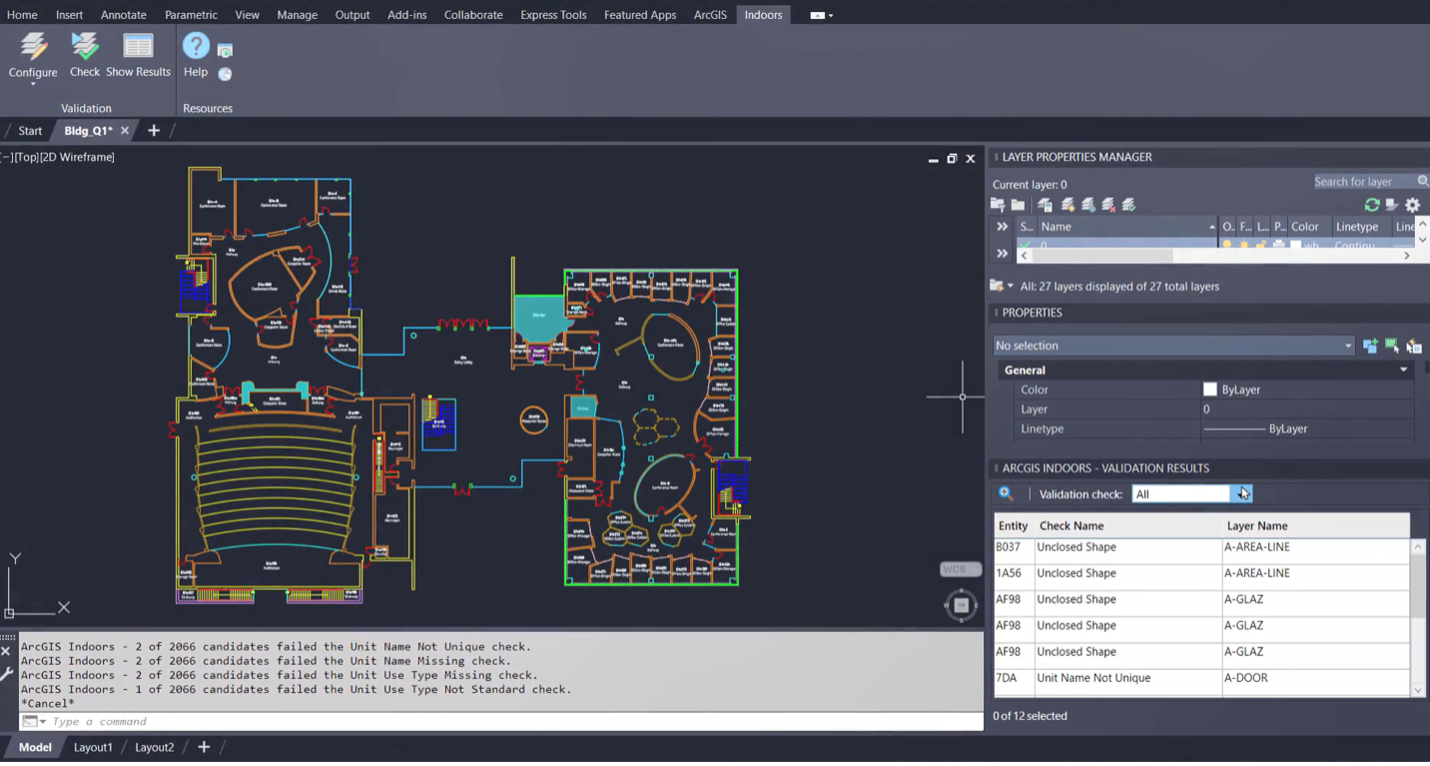 A screenshot of a 2D floor plan and the ArcGIS Indoors for AutoCAD plug-in within Autodesk AutoCAD.