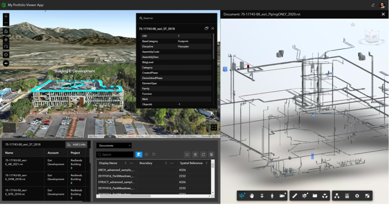 A screenshot of ArcGIS GeoBIM showing a 3D BIM model of a building's piping system overlaid on a detailed map with a list of project documents.