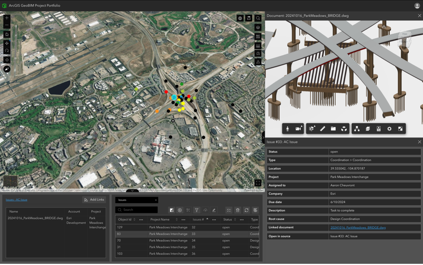 A screenshot of ArcGIS GeoBIM displaying a 3D BIM model of a bridge beside an aerial map of a city with project issues overlaid on top.