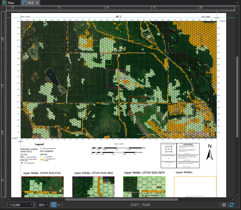 A map layout in ArcGIS Pro showing areas of HLZ suitability rated acceptable or acceptable with caution.