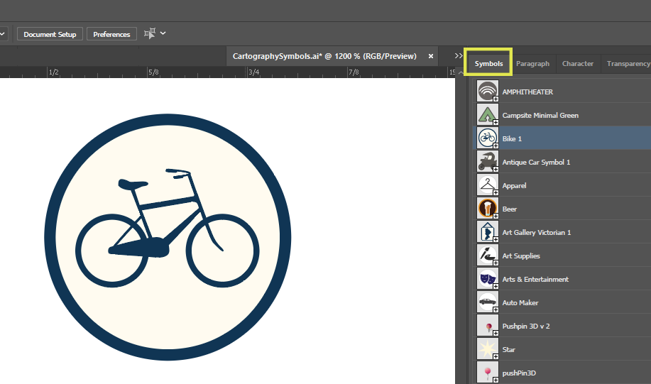 Adobe Illustrator symbols library with bicycle symbol selected