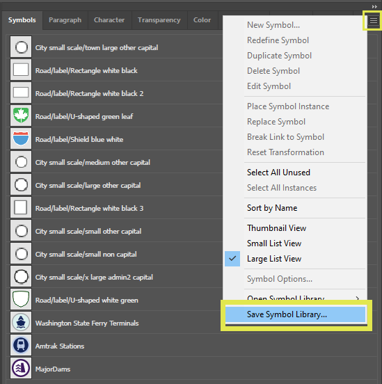 Adobe Illustrator Symbols panel populated with my map's symbols