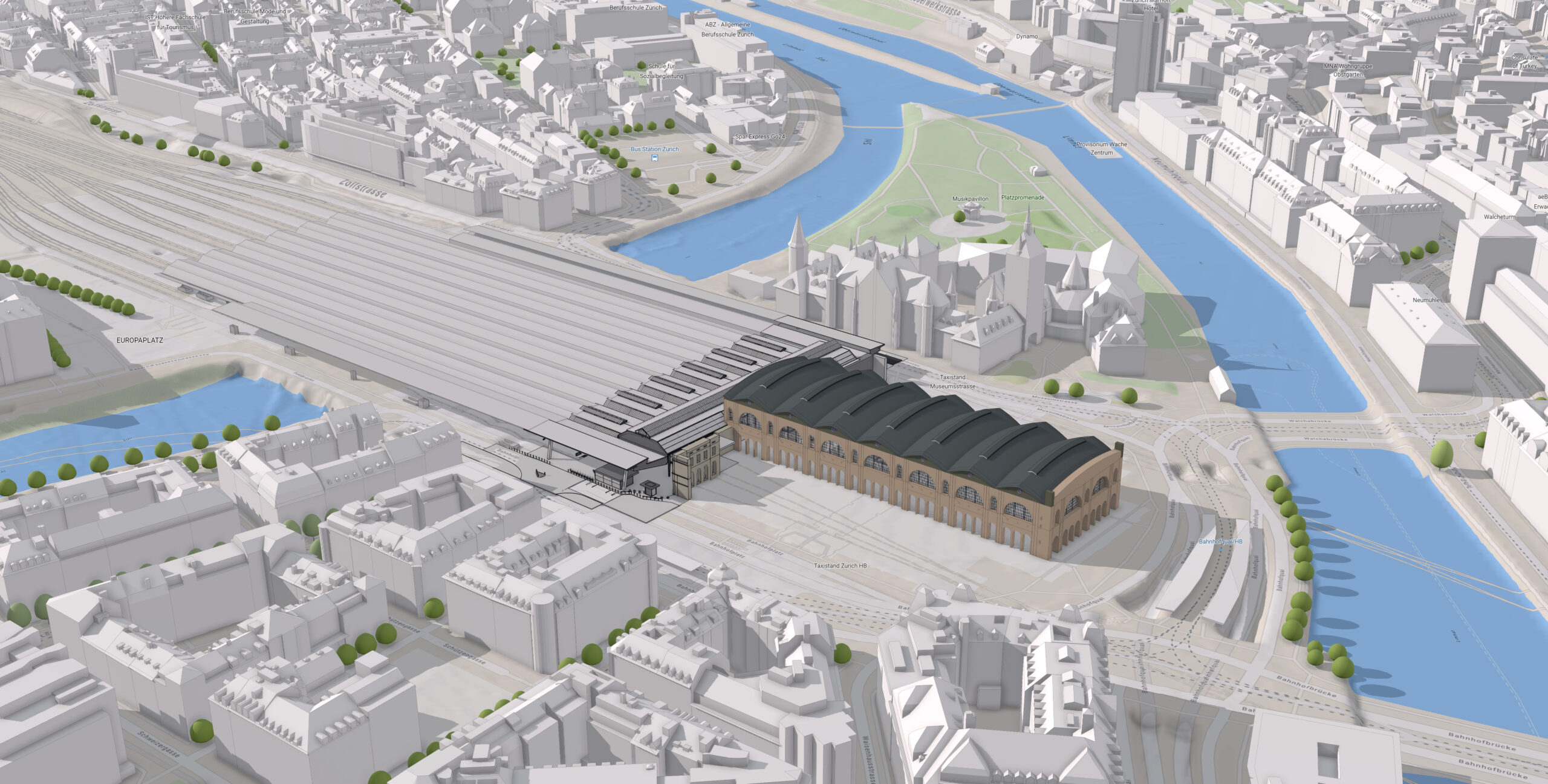 A 3D model of the Zurich train station is visualized in the global scene in Scene Viewer.