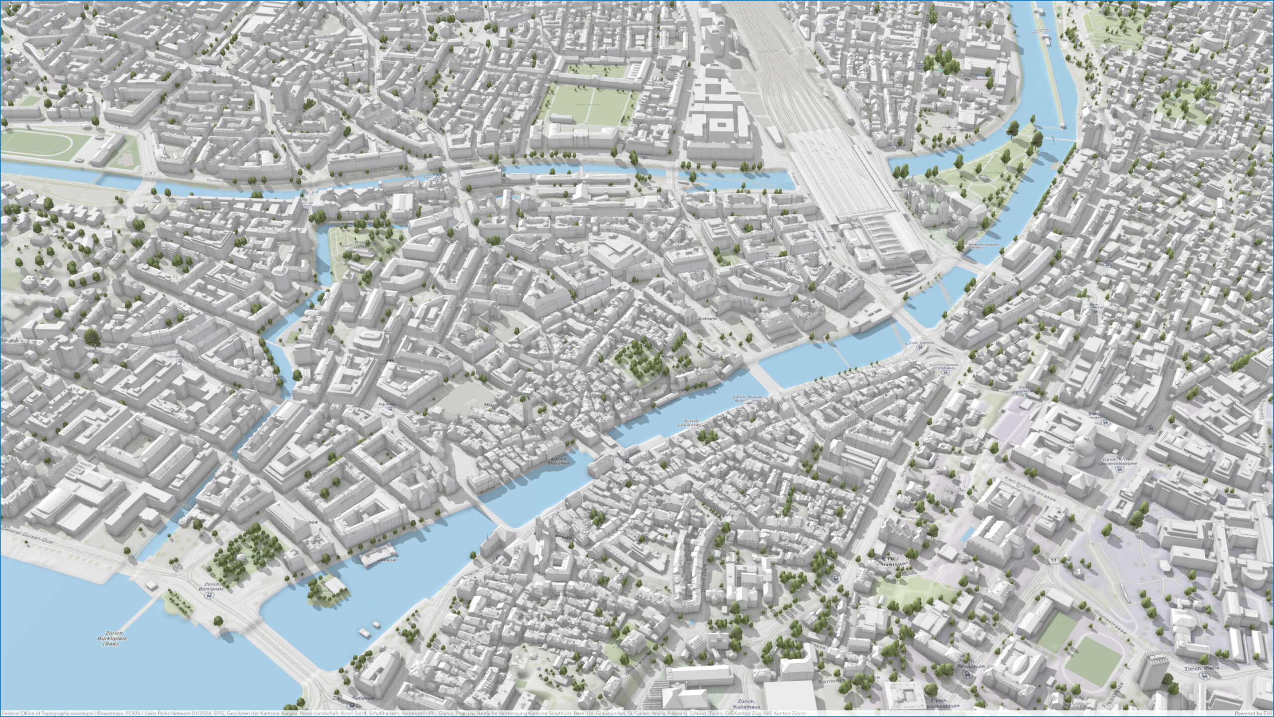 Scene Viewer screenshot displaying an aerial view of Zurich's city center.