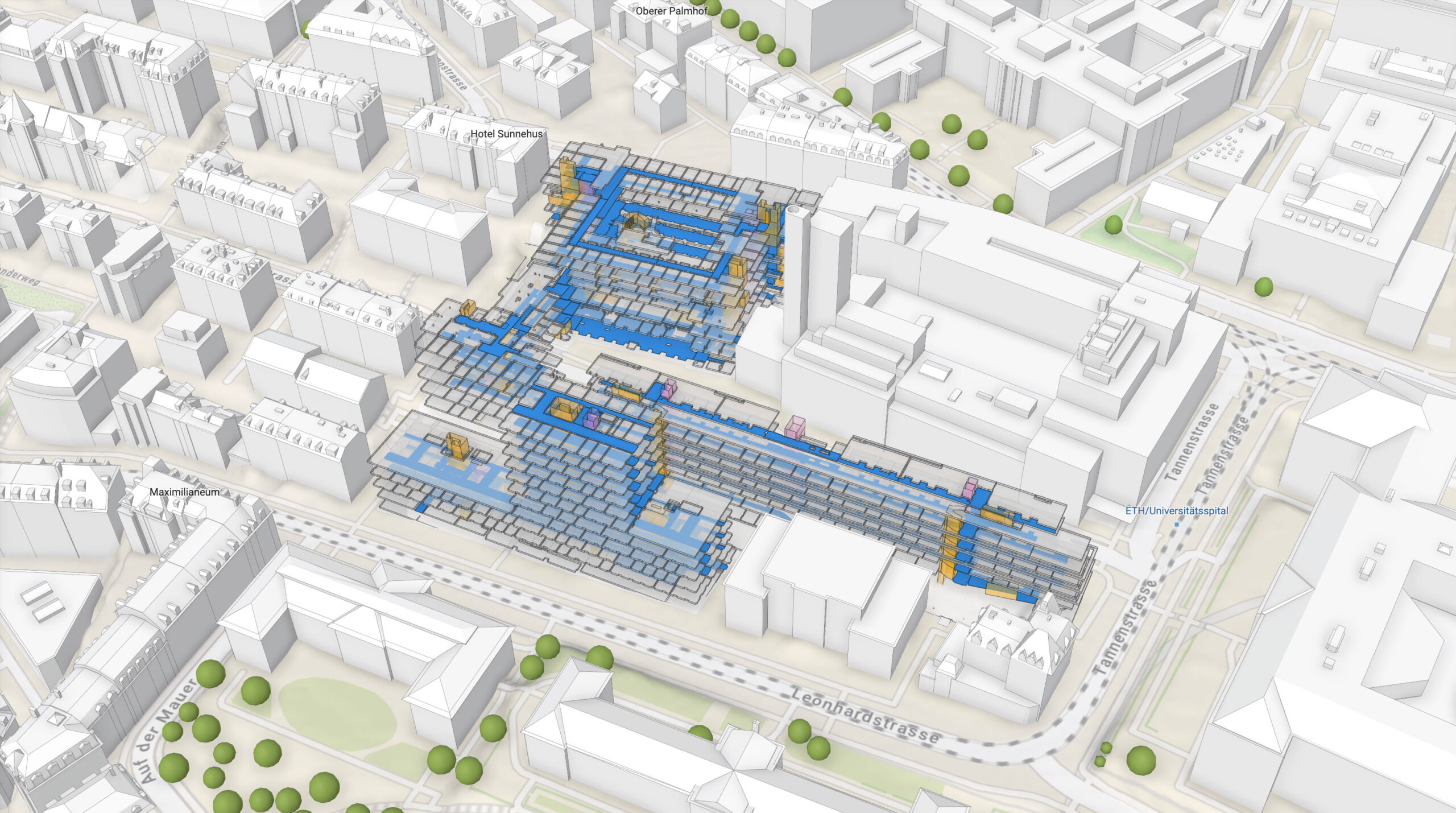 Image displaying individual floors of a building without an envelope, with floors color-coded based on their usage.