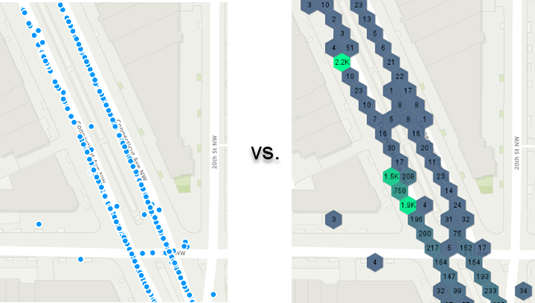 The Velocity feature layer on the left visualizes each individual record as a point on the map. The Velocity map image layer on the right illustrates dynamic aggregation, symbolizing and labeling feature counts within each bin, allowing viewers to quickly understand spatial distribution trends.