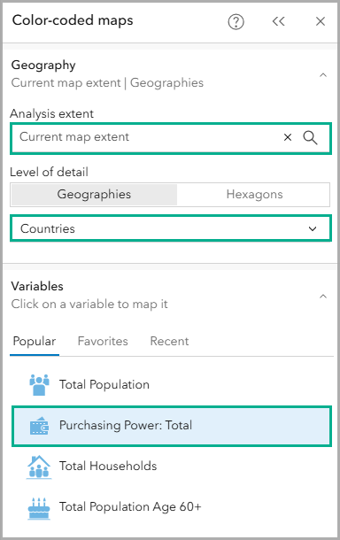 Choose the geography and variables for the color-coded map.