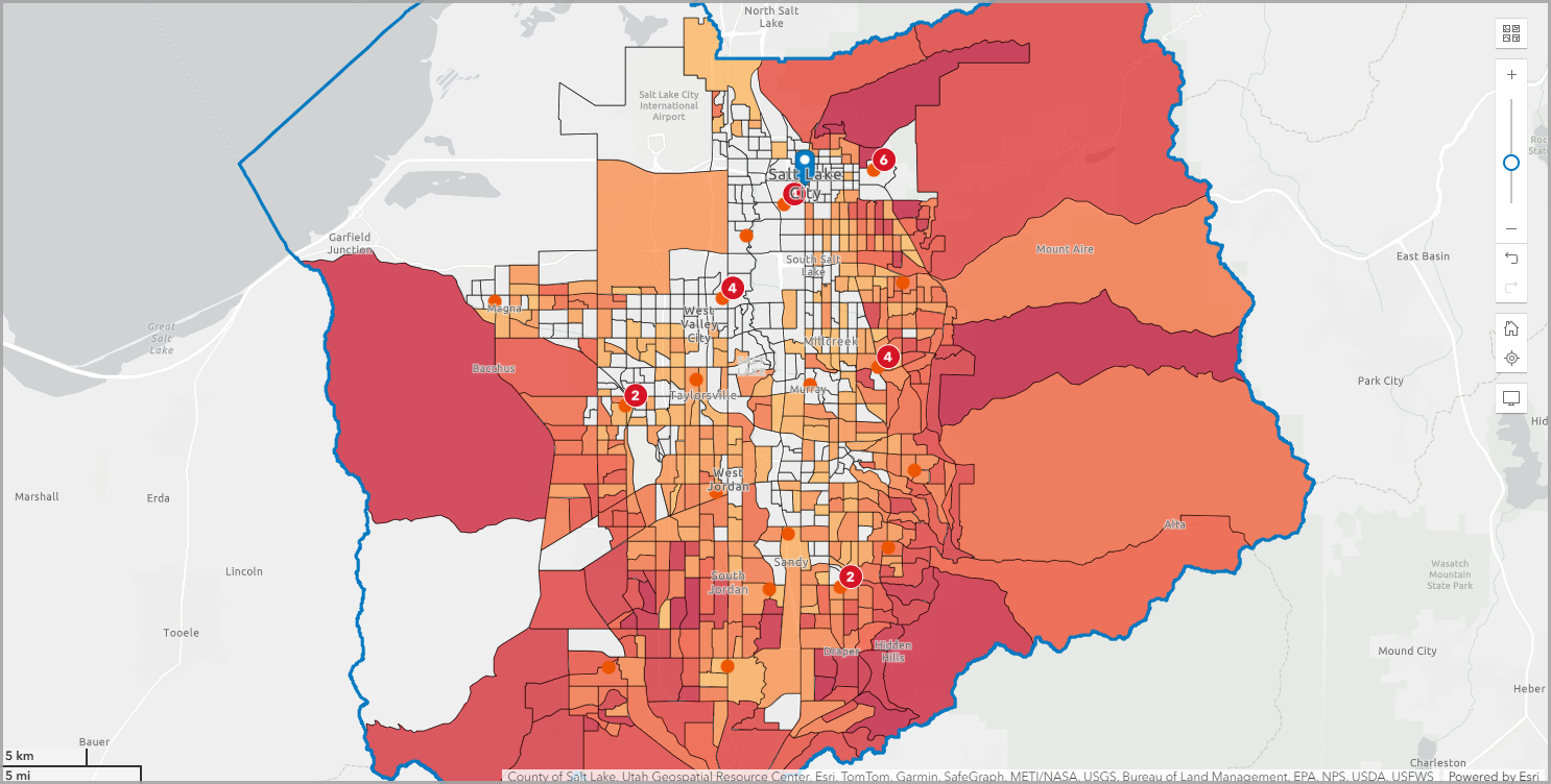 A map of locations of recreation centers and where people have bought more recreation sporting goods than the national average.