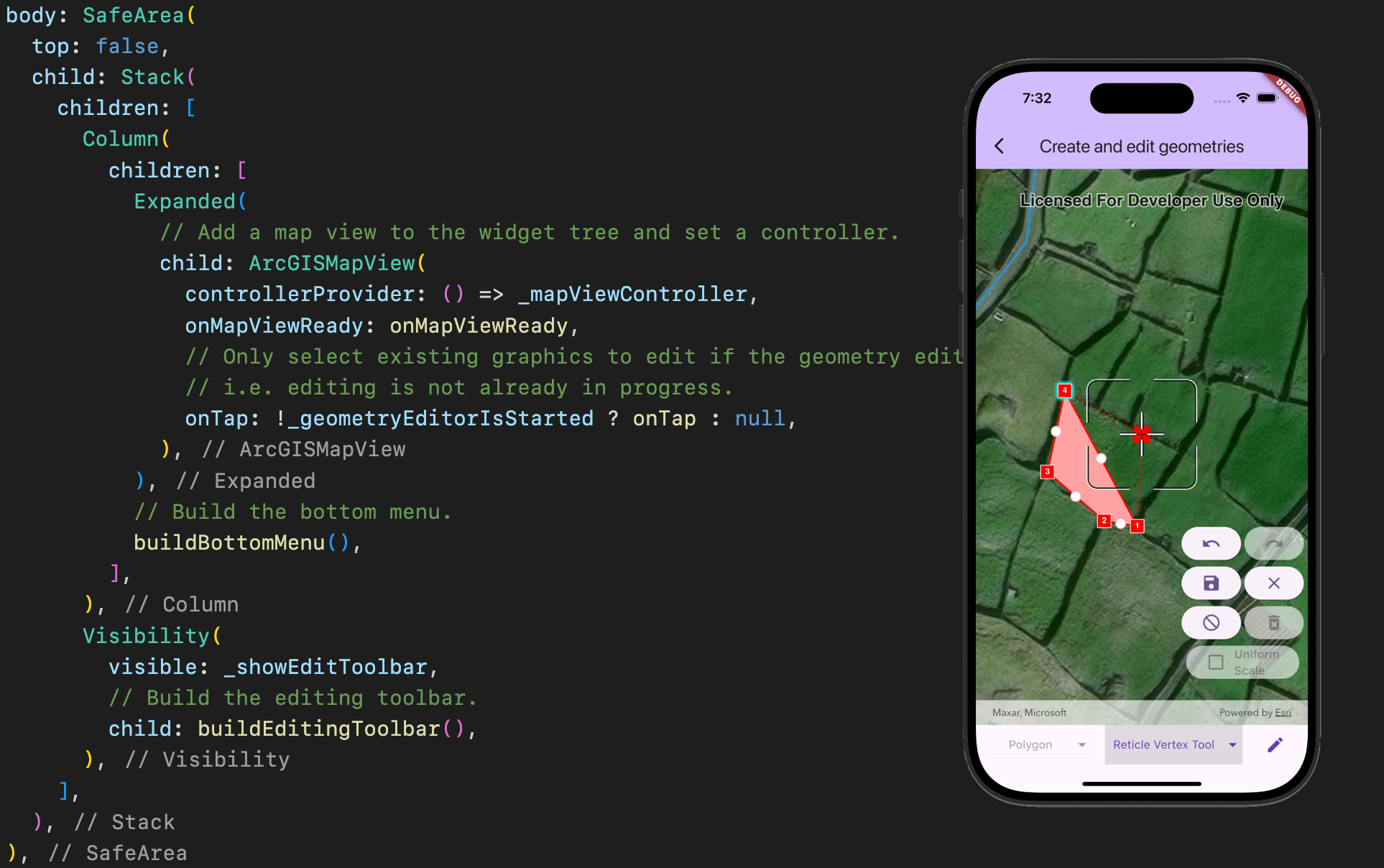 Example Flutter code with a MapView and a screenshot of the resultant UI