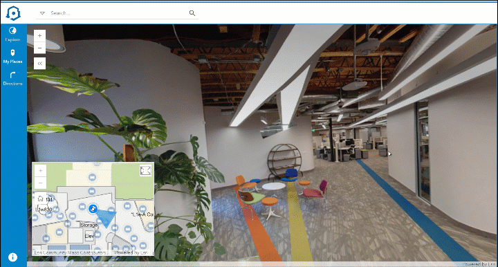 Animation of 360 degree photos inside an office building and an indoor map