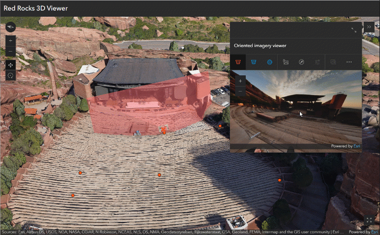 GIF showing a 3D Viewer app template built with a 3D mesh and oriented imagery layer, with the user panning and zooming in the image while a red 3D coverage feature dynamically updates on the mesh