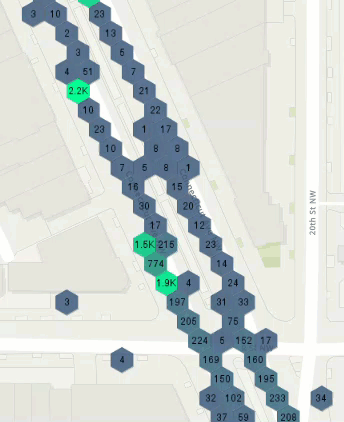 This GIF illustrates a map displaying aggregated data. As the user zooms in, the map automatically updates to reflect new bins. Once the user zooms in beyond a certain threshold, the individual point locations become visible.