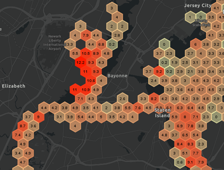 Map showing pointed hexagon aggregation of marine Automatic Identification System (AIS) data represents the average draught statistic for vessels.